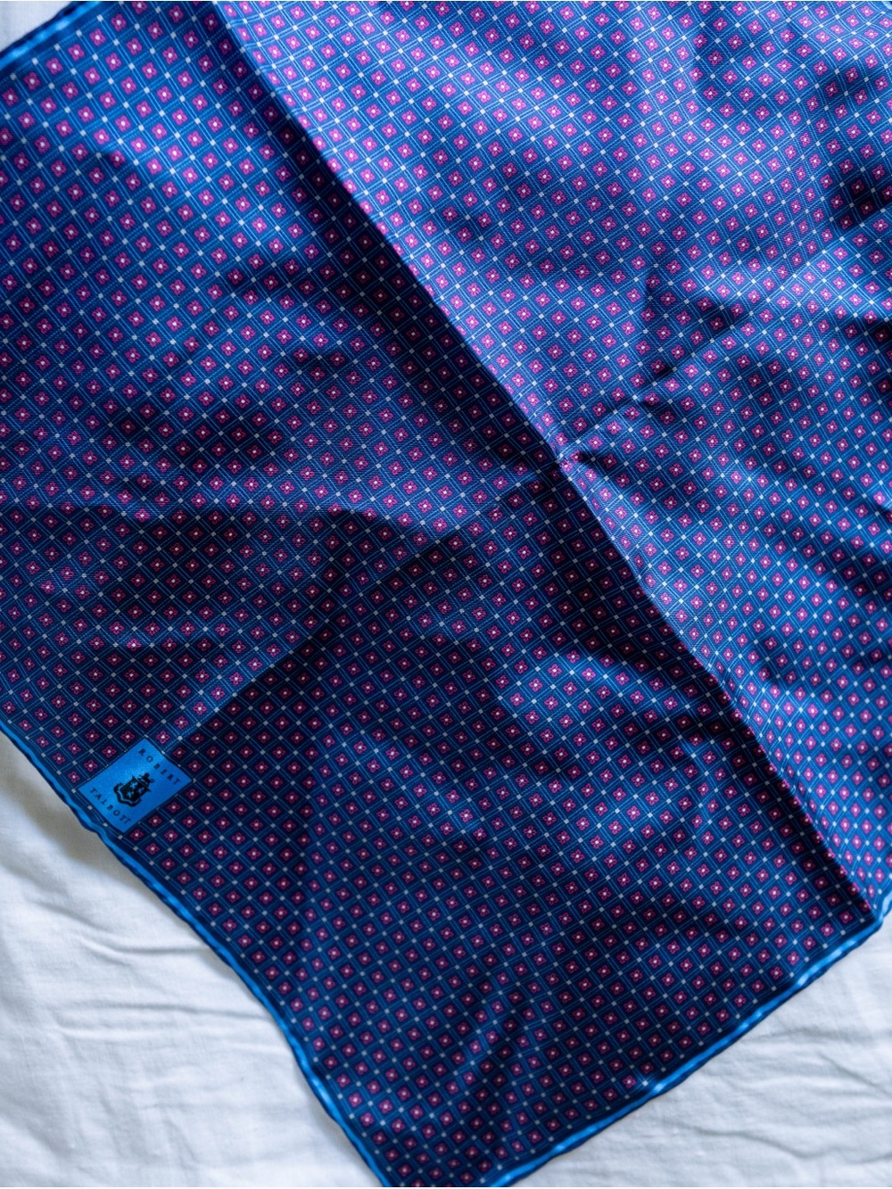 Robert Talbott Blue Pink Silk Pocket Square Geometric Handkerchief